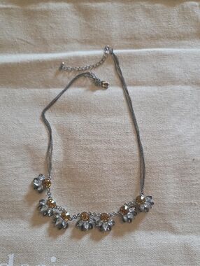 Silver Floral Necklace with Amber and Clear Crystals